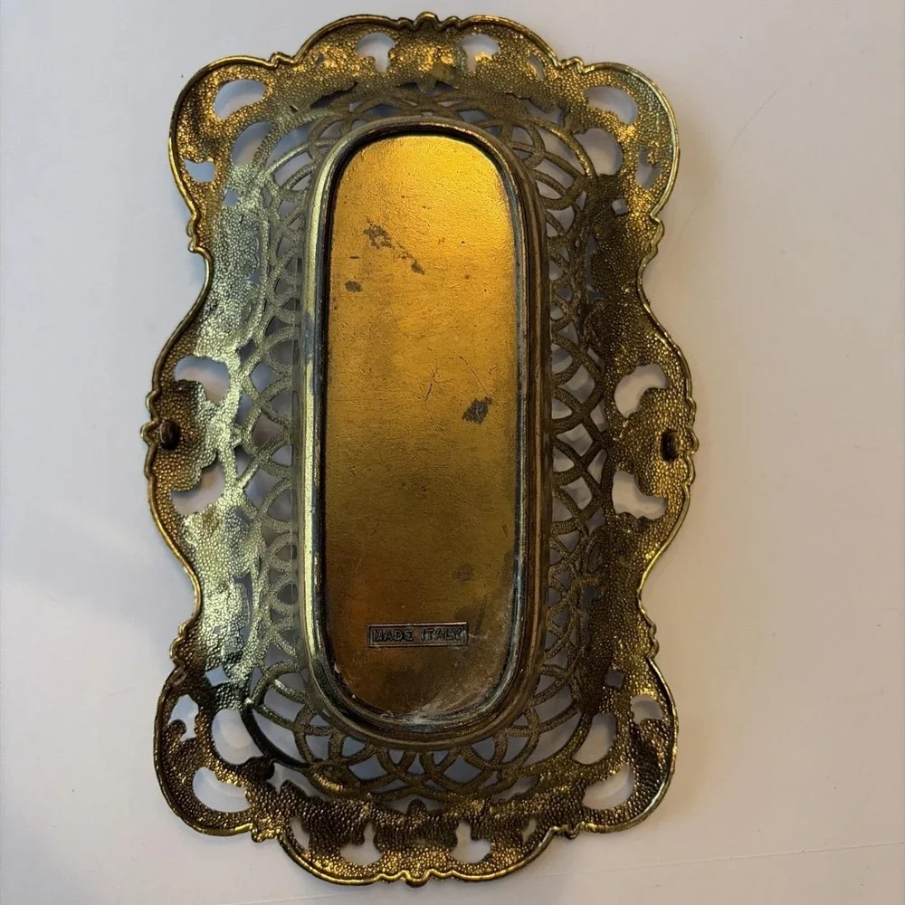 Vintage Italian Ornate Gilt Brass Pierced Footed Vanity Dresser Tray Made Italy